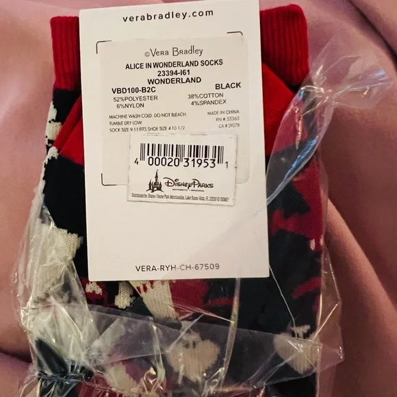 New Disney Parks VERA BRADLEY ALICE IN WONDERLAND Roses Socks - Womens S… - Picture 3 of 4